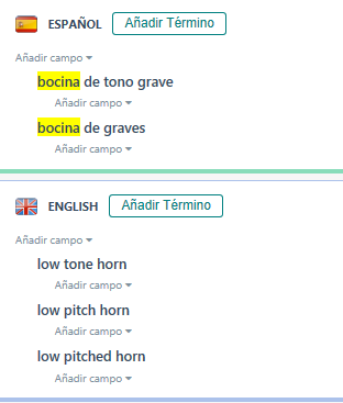 Screenshot of MultiTerm software showing Spanish terms 'bocina de tono grave' and 'bocina de graves' with their English translations 'low tone horn', 'low pitch horn', and 'low pitched horn'.