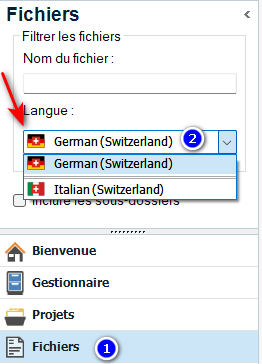 Trados Studio screenshot showing the 'Fichiers' panel with a red arrow pointing to the language selection dropdown menu, which is set to German (Switzerland) with a notification bubble indicating 2 updates.