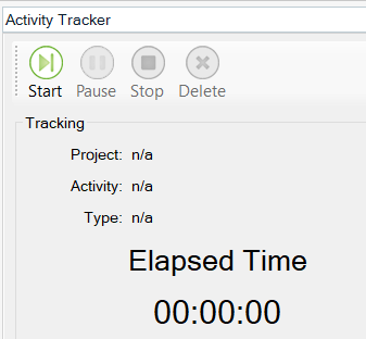 Screenshot of RWS Studio Time Tracker plugin with start button highlighted, but no project or activity started, and elapsed time at 00:00:00.