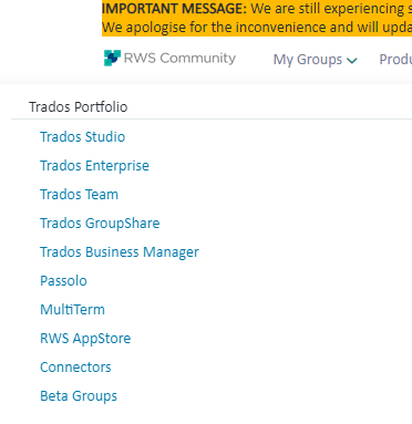 Screenshot of Trados Portfolio navigation menu with Trados Studio listed as a subgroup. An important message banner at the top indicates ongoing technical issues.