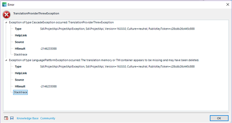 Error dialog box in Trados Studio showing 'TranslationProviderThrewException' with details of the exception type, help link, source, and HRESULT.