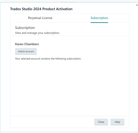 Screenshot of Trados Studio 2024 Product Activation window showing Perpetual License tab with Subscription section. User Karen Chambers is logged in but no subscription details are displayed.