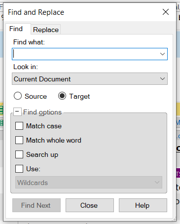 Screenshot of Trados Studio's 'Find and Replace' window showing only the 'Find' tab active with an empty 'Find what:' field.