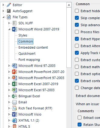 Screenshot of SDL Trados Studio 2022 showing File Types settings with Microsoft Word 2007-2019 selected. Options for 'Common' and 'Comments' are visible with 'Extract comments' checked.