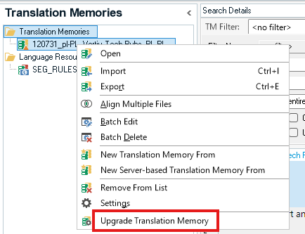 Trados Studio Translation Memories menu with 'Upgrade Translation Memory' option highlighted.