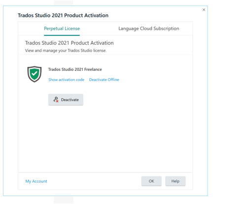 Trados Studio 2021 Product Activation window showing Perpetual License tab with options to show activation code, deactivate offline, and a Deactivate button.