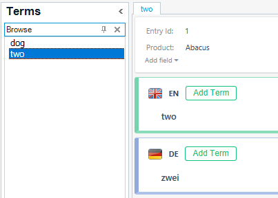 Screenshot of MultiTerm interface showing 'Terms' section with 'Entry Id: 1', 'Product: Abacus', and language fields 'EN' with term 'two' and 'DE' with term 'zwei'.