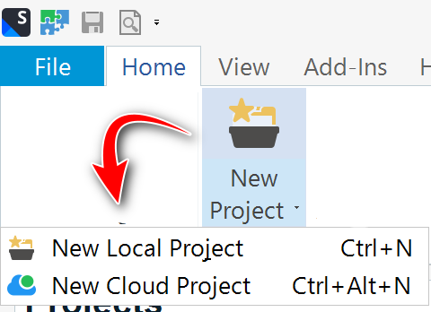 Screenshot of Trados Studio with an arrow pointing to the 'New Project' dropdown menu, showing options for 'New Local Project' and 'New Cloud Project' with keyboard shortcuts.