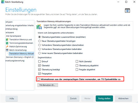 Trados Studio settings window with a warning message highlighted in red stating 'Informationen aus der zweisprachigen Datei verwenden, um TU-Systemfelder zu'.