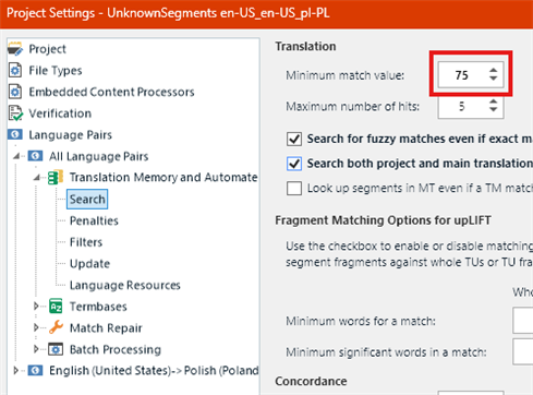 Trados Studio project settings window showing Translation section with minimum match value set to 75 and maximum number of hits set to 5.