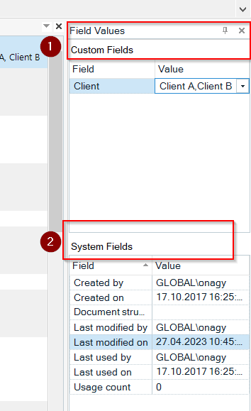 Trados Studio Translation Memories view showing Custom Fields with values 'Client A, Client B' and System Fields with creation and modification details.