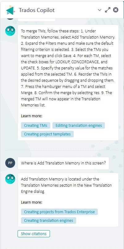 Screenshot of Trados Copilot with instructions on how to merge Translation Memories (TMs), but no 'Add Translation Memory' button visible.