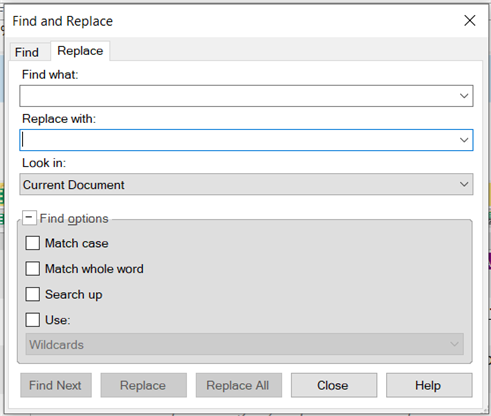 Screenshot of Trados Studio's 'Find and Replace' window with the 'Replace' tab active, displaying empty 'Find what:' and 'Replace with:' fields.