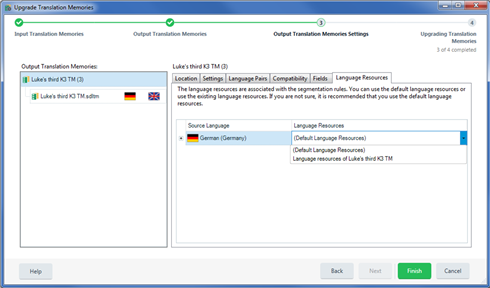 Screenshot of Trados Studio Ideas showing the Upgrade Translation Memories window with tabs for Input Translation Memories, Output Translation Memories, and Output Translation Memories Settings. The focus is on the Language Resources dropdown menu set to (Default Language Resources) instead of the existing TM's resources.