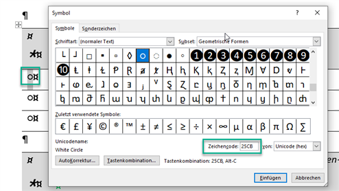 Symbol selection window in Trados Studio showing a correctly visualized symbol with its unicode, highlighted with a green border.