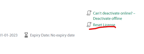 Trados account page showing 'Reset License' option circled in red with 'Expiry Date: No expiry date' text below.