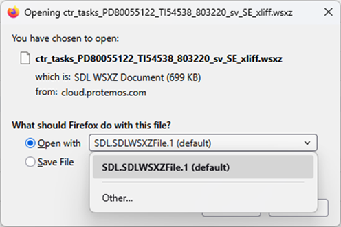 Dialog box in Firefox showing an option to open a file named 'ctr_tasks_PD80055122_TI54538_803220_sv_SE_xliff.wsxz' with 'SDL.SDLWSXZFile.1 (default)' or save the file.