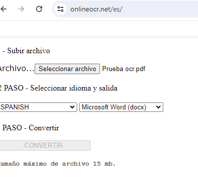 Screenshot of an online OCR service webpage with options to upload a file, select language as Spanish, and output format as Microsoft Word (docx), ready to convert.