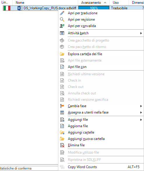Trados Studio screenshot showing a menu with various options, including 'Open for translation', 'Batch tasks', and 'Change phase'. The 'Open for translation' option is greyed out and not active.