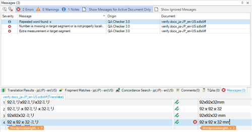 Screenshot of Trados Studio showing QA Checker 3.0 errors: repeated word found, number missing in target segment, and extra measurement in target segment.