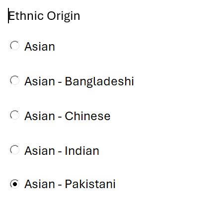 Screenshot of a Word document showing a list of option buttons for ethnic origin with options such as Asian, Asian - Bangladeshi, Asian - Chinese, Asian - Indian, and Asian - Pakistani.