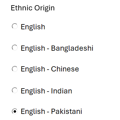 Screenshot of a Word document showing a list of option buttons for ethnic origin with updated captions translated to English, including English, English - Bangladeshi, English - Chinese, English - Indian, and English - Pakistani.