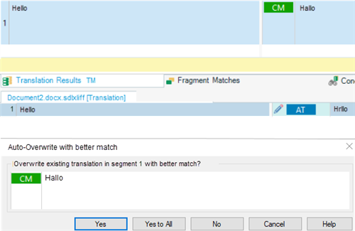 Popup window titled 'Auto-Overwrite with better match' asking to overwrite existing translation in segment 1 with a better match 'Hallo'.