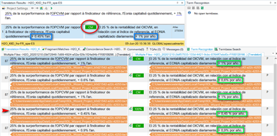 Screenshot of Trados Studio showing segments in Spanish correctly localized with '+' sign, highlighted in green.
