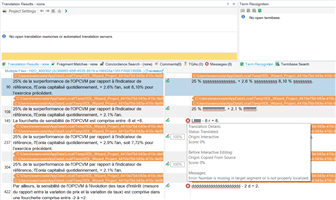 Screenshot of Trados Studio with segments not using TM, '+' sign stays but number is not recognized as localized.