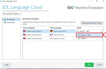 SDL Language Cloud settings window showing 'Generic - NMT' selected in the model list for English (United States) to German (Germany) language pair.