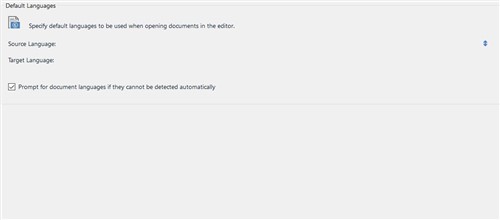 Trados Studio screenshot showing the Default Languages settings with options to specify default languages for source and target and a checkbox for prompting document languages if they cannot be detected automatically.
