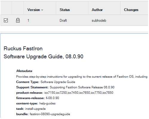 Screenshot of Trados Studio showing a draft document titled 'Ruckus Fastrion Software Upgrade Guide, 08.0.90' with metadata fields for product-release, firmware-release, content-type, task, and bundle filled with pre-populated values.