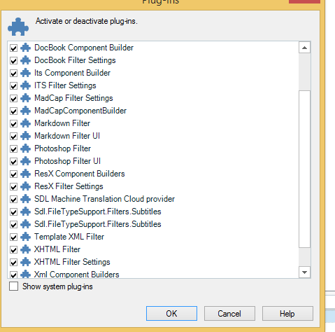 Plugin management window in Trados Studio with a list of plugins including 'SDL Machine Translation Cloud provider' activated.