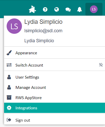 Trados Studio screenshot showing user profile with email 'lsimplicio@sdl.com' and menu options including 'Appearance', 'Switch Account', 'User Settings', 'Manage Account', 'RWS AppStore', and 'Integrations'.