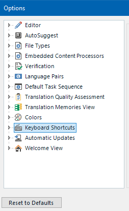 File - Options - Keyboard Shorcuts option is selected. Only left pane shown.