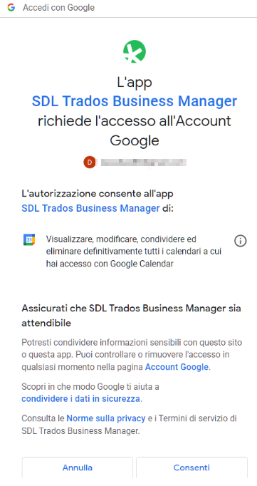Google permission request in Italian for SDL Trados Business Manager to access Google Account with blurred out email and an option to allow or cancel.