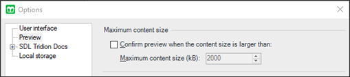 Trados Studio Options dialog box with Preview section open, showing an unchecked 'Confirm preview when the content size is larger than' option and a maximum content size (KB) set to 2000.