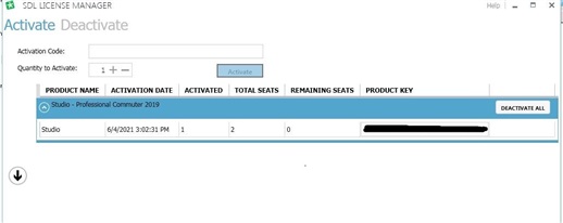 SDL License Manager activation screen showing Studio - Professional Commuter 2019 with activation date, 2 total seats, 0 remaining seats, and product key partially visible.
