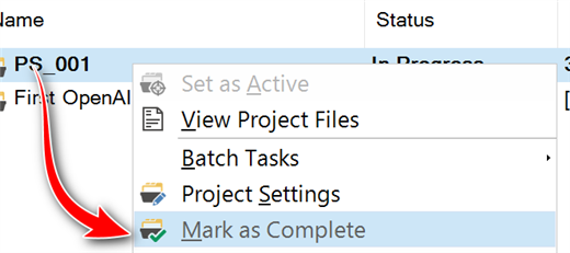 Trados Studio project context menu with an option to 'Mark as Complete' highlighted, indicating how to change the status of a project.