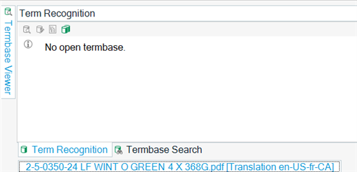 Screenshot of Trados Studio showing the Term Recognition pane with an error message 'No open termbase.' and tabs for Term Recognition and Termbase Search at the bottom.