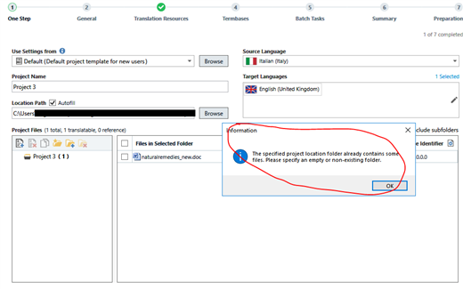 Trados Studio error message identical to the first screenshot, indicating a recurring issue with the project location folder.