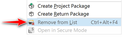 Trados Studio option to 'Remove from List' for a project with a keyboard shortcut Ctrl+Alt+F4 displayed, showing how to remove a project from the list.