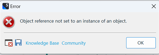 Error message in Trados Studio stating 'Object reference not set to an instance of an object.' with Knowledge Base and Community buttons below.