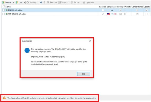 Error message in Trados Studio stating 'This translation memory TM_EN(US)-JA(JP) will not be used for the language pairs: English (United States) -> Japanese (Japan).' with an OK button.