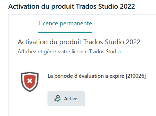 Trados Studio 2022 activation window showing a trial period expired error with an Activate button.