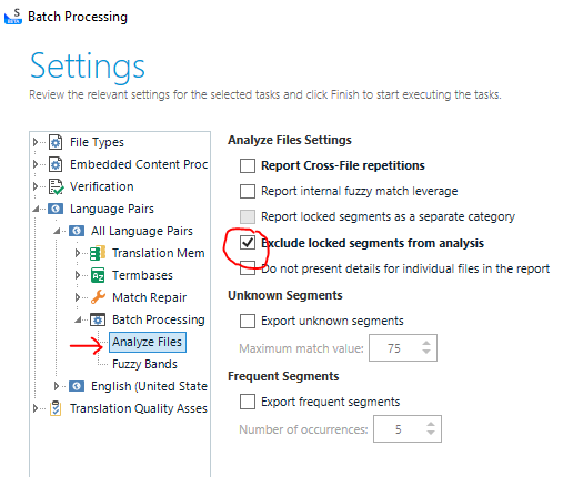 Settings window in Trados Studio with 'Exclude locked segments from analysis' checked under Analyze Files Settings.