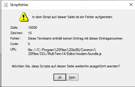 Error message in Trados Studio stating 'An error in a script occurred on this page. This termbase does not contain any entry with this entry number' with options to continue running scripts.