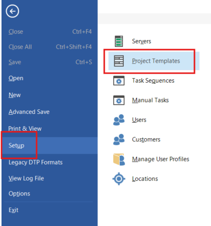 Setup menu in Trados Studio with 'Project Templates' option highlighted under the 'Setup' section.
