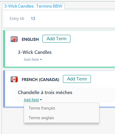 Screenshot of MultiTerm 2024 interface with an entry for '3-Wick Candles' showing options to add a term in English or French, with a dropdown menu for adding fields visible.