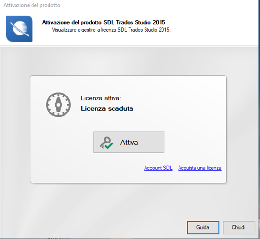 SDL Trados Studio 2015 product activation window showing an expired license with options to activate, create SDL account, or purchase a license.